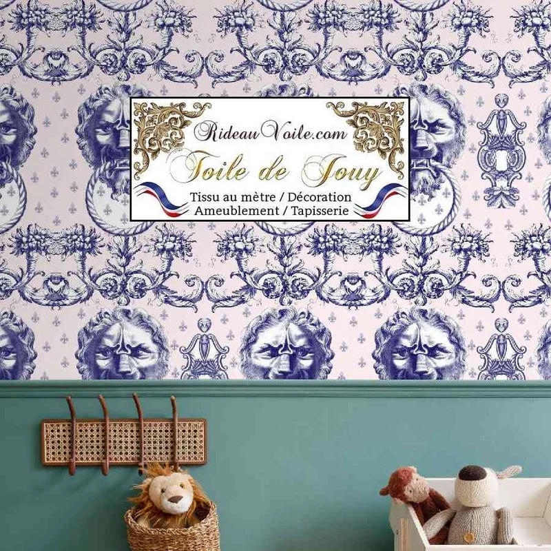 Jacquard grande largeur manufacture design Lion Toile de Jouy rose bleu mètre