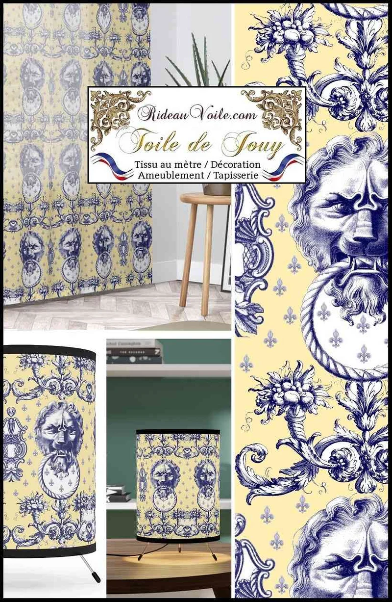 Tissu occultant ignifuge côté maison intérieur Toile de Jouy bleu jaune mètre