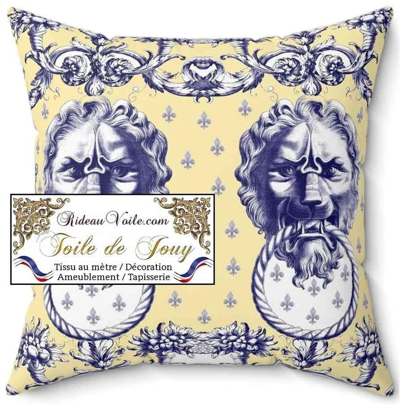 Tissu occultant ignifuge côté maison intérieur Toile de Jouy bleu jaune mètre