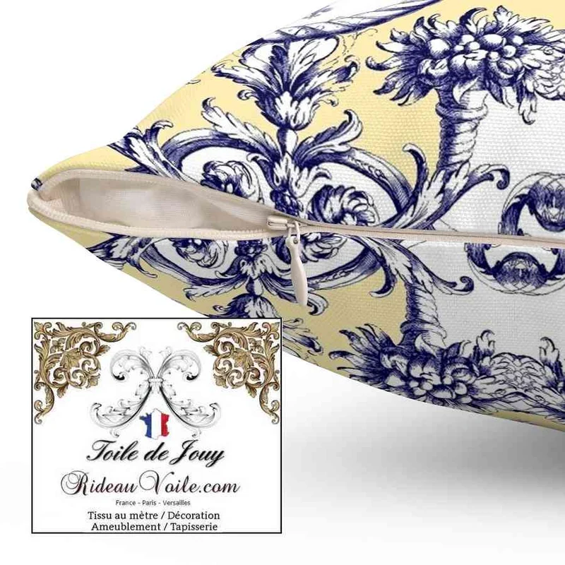 Tissu occultant ignifuge côté maison intérieur Toile de Jouy bleu jaune mètre