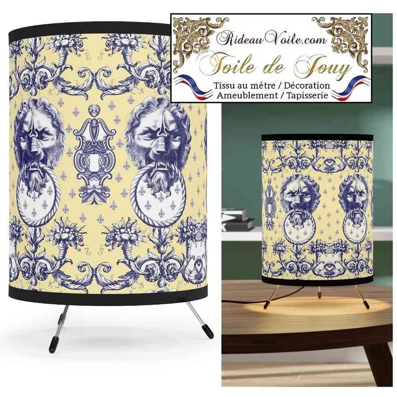 Tissu occultant ignifuge côté maison intérieur Toile de Jouy bleu jaune mètre