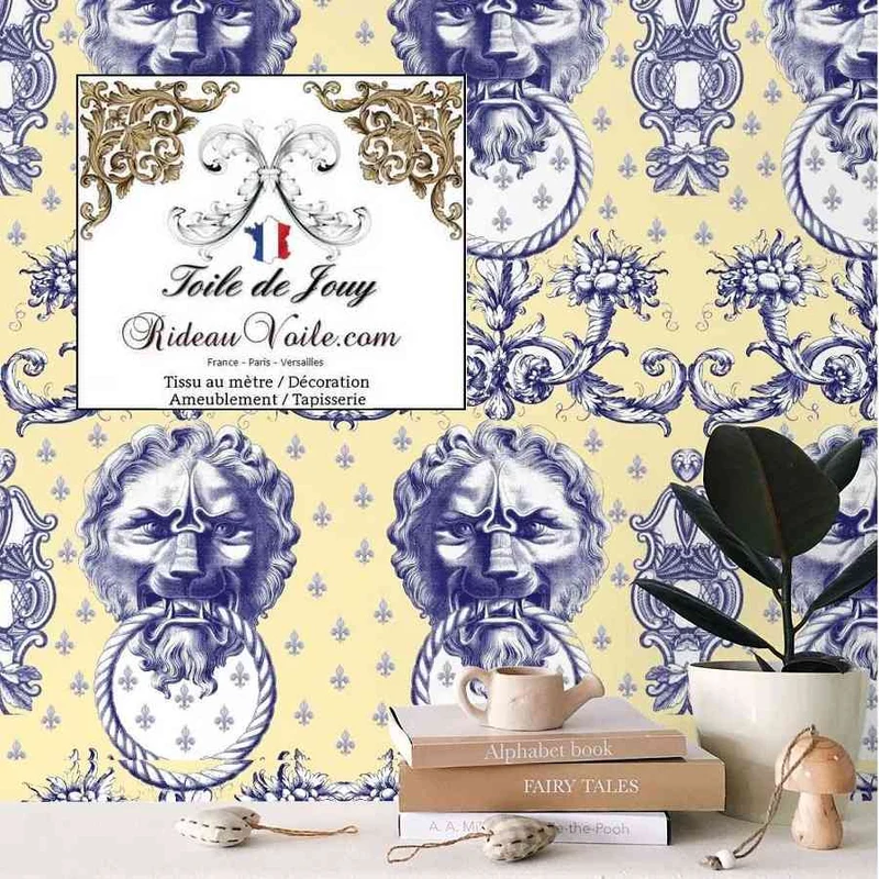 Tissu occultant ignifuge côté maison intérieur Toile de Jouy bleu jaune mètre