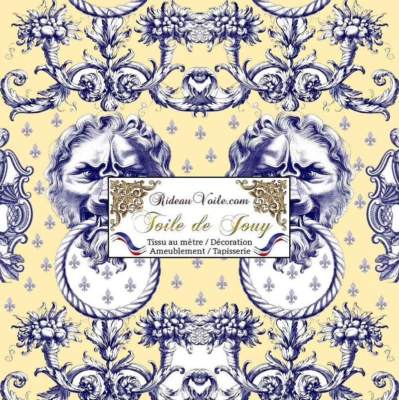 Tissu occultant ignifuge côté maison intérieur Toile de Jouy bleu jaune mètre