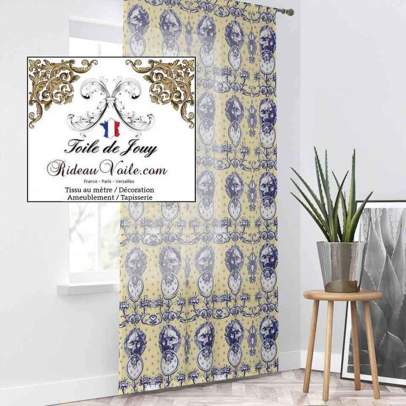 Tissu occultant ignifuge côté maison intérieur Toile de Jouy bleu jaune mètre