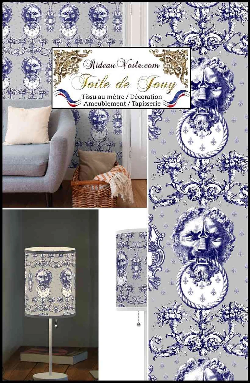 Textile occultant ignifuge décoratrice d'intérieur Toile de Jouy gris mètre rideau