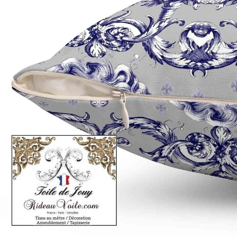 Textile occultant ignifuge décoratrice d'intérieur Toile de Jouy gris mètre rideau