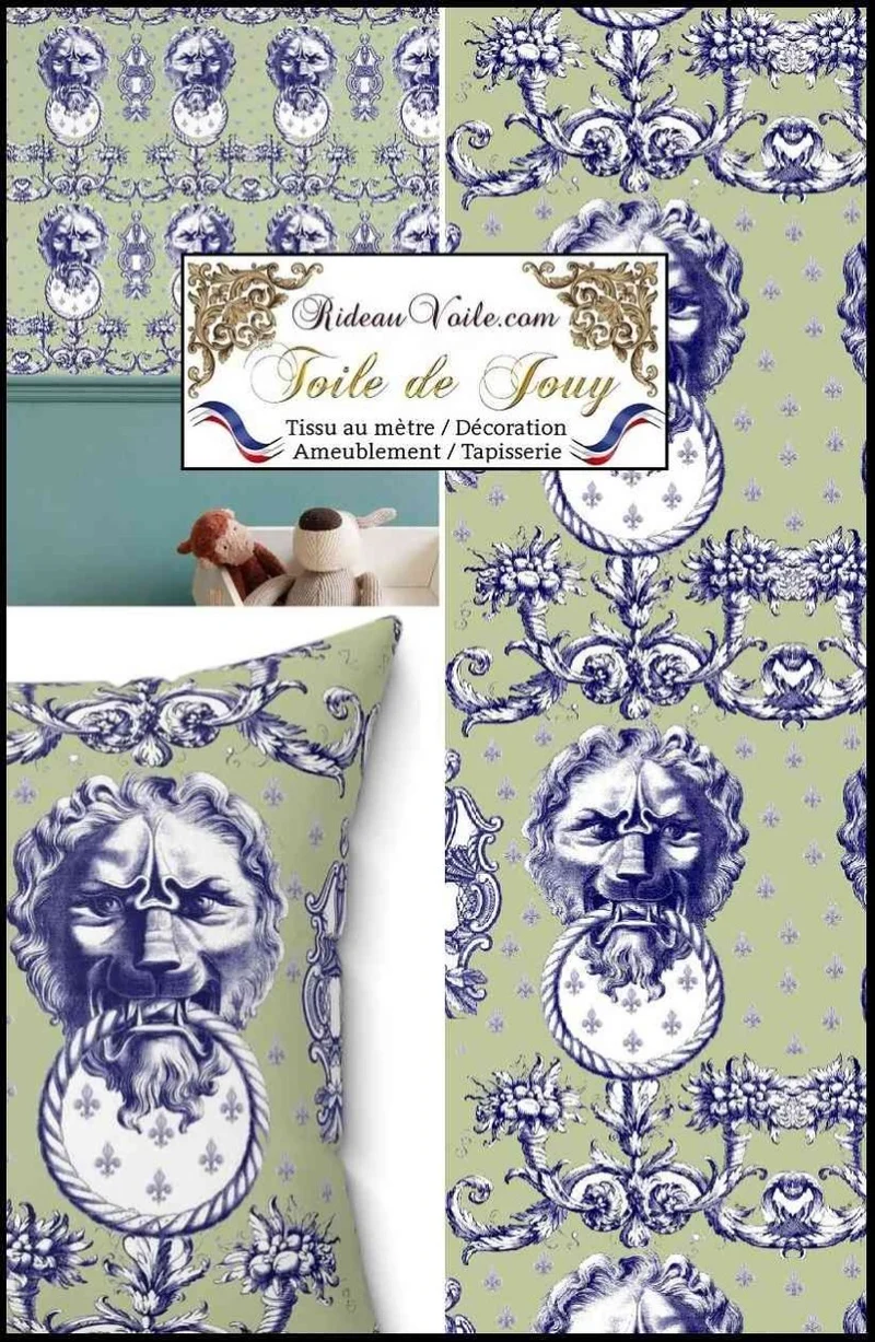 Textile éditeur créateur décoratrice d'intérieur Toile de Jouy vert mètre rideau