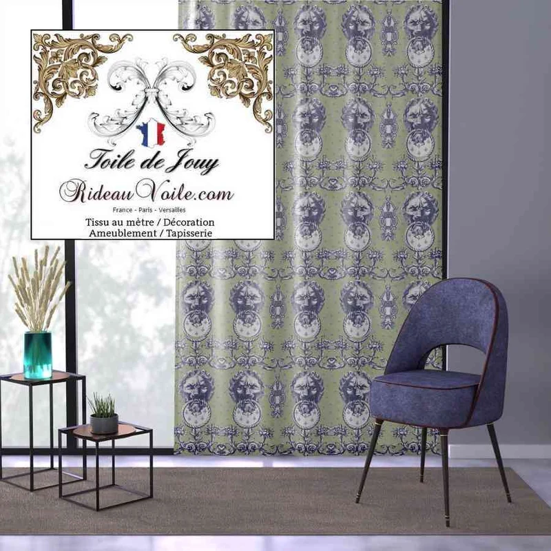 Textile éditeur créateur décoratrice d'intérieur Toile de Jouy vert mètre rideau