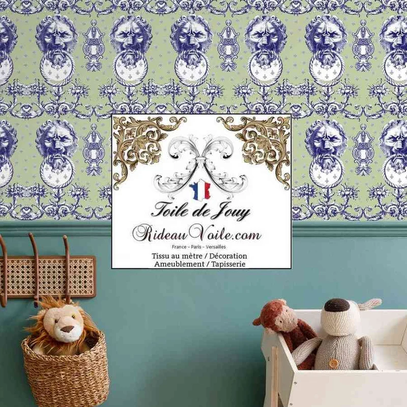 Textile éditeur créateur décoratrice d'intérieur Toile de Jouy vert mètre rideau