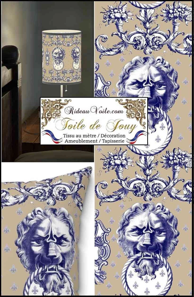 Tissu ameublement mètre boutique luxe intérieur Toile de Jouy bleu Lys Lion