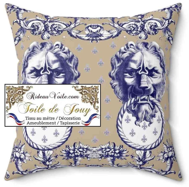 Tissu ameublement mètre boutique luxe intérieur Toile de Jouy bleu Lys Lion