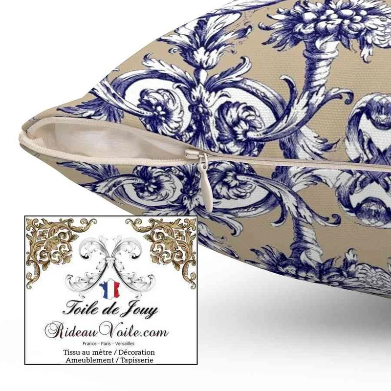 Tissu ameublement mètre boutique luxe intérieur Toile de Jouy bleu Lys Lion