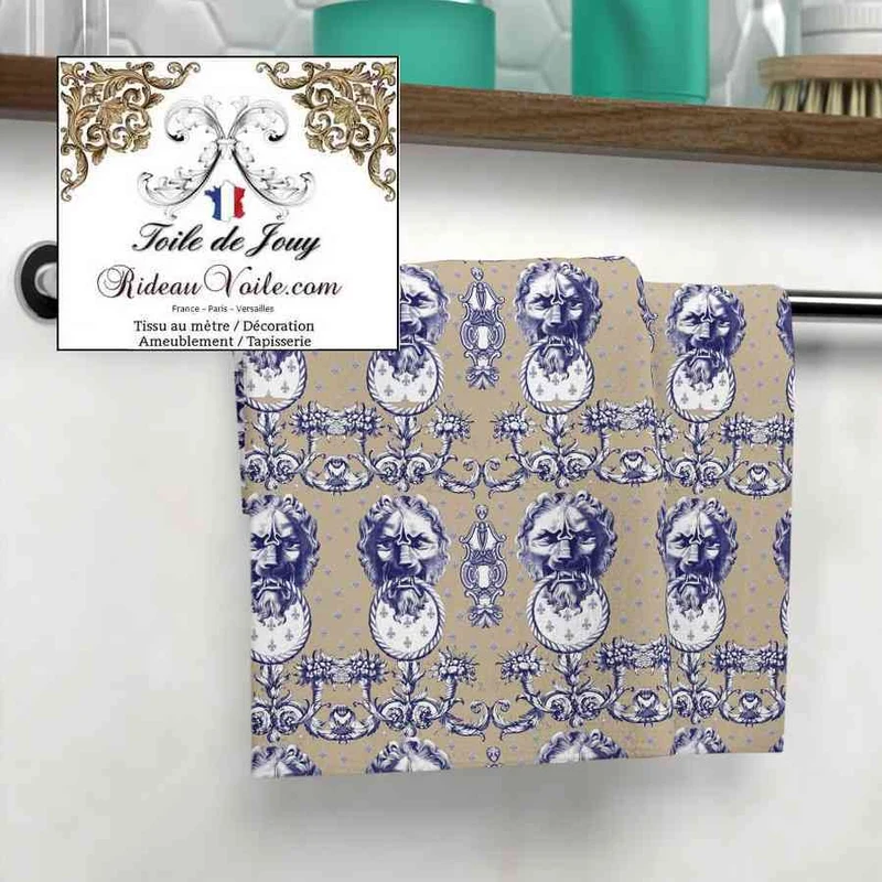 Tissu ameublement mètre boutique luxe intérieur Toile de Jouy bleu Lys Lion