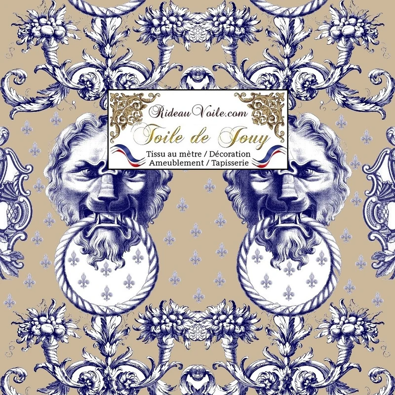 Tissu ameublement mètre boutique luxe intérieur Toile de Jouy bleu Lys Lion