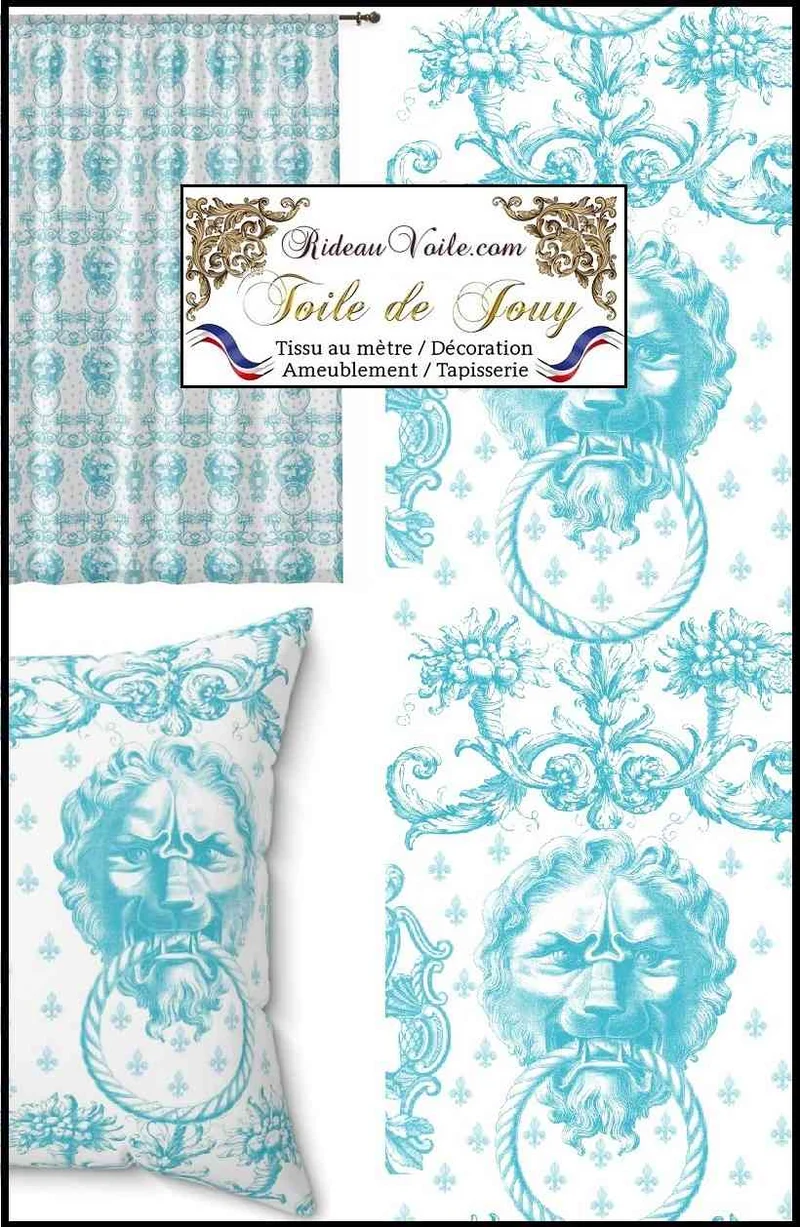 Tissu ameublement mètre ornement Baroque design Toile de Jouy bleu Lys & Lion
