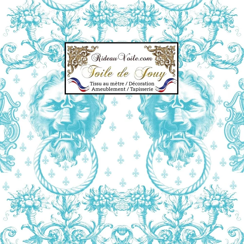 Tissu ameublement mètre ornement Baroque design Toile de Jouy bleu Lys & Lion