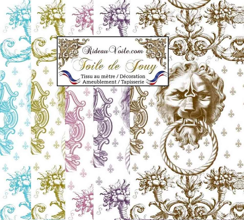 Tissu ameublement mètre ornement Baroque design Toile de Jouy bleu Lys & Lion