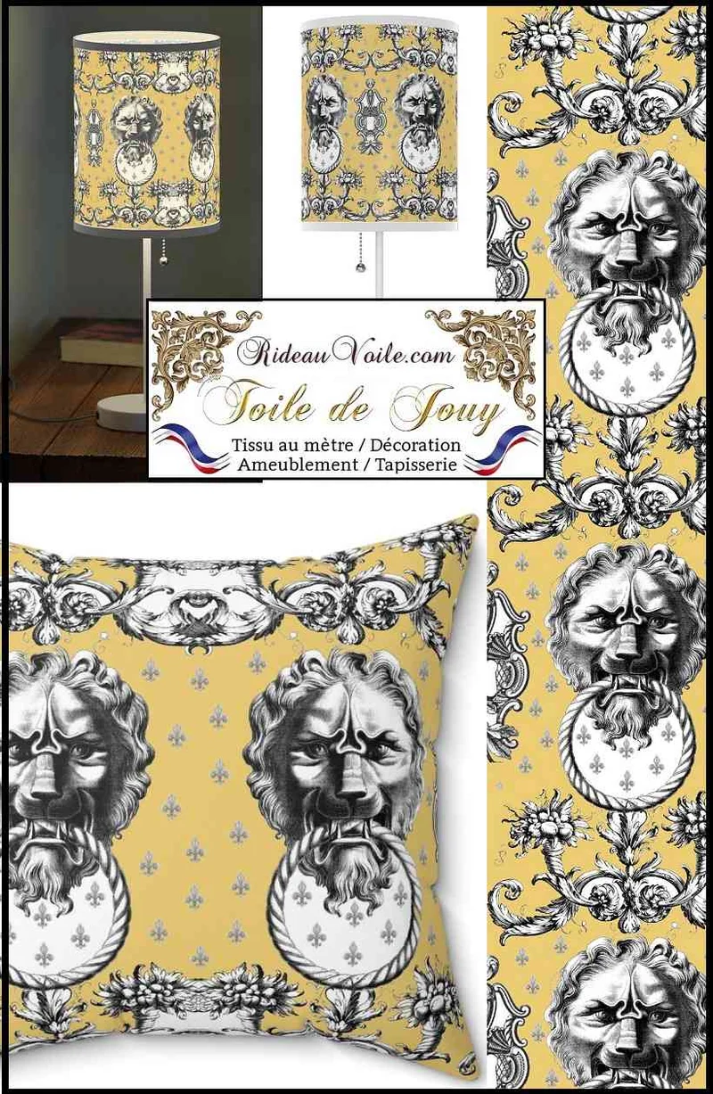 Tissu ameublement mètre Baroque design Toile de Jouy Lys & Lion noir jaune