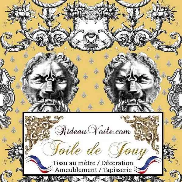 Tissu ameublement mètre Baroque design Toile de Jouy Lys & Lion noir jaune