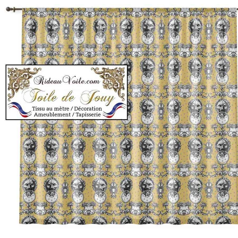 Tissu ameublement mètre Baroque design Toile de Jouy Lys & Lion noir jaune