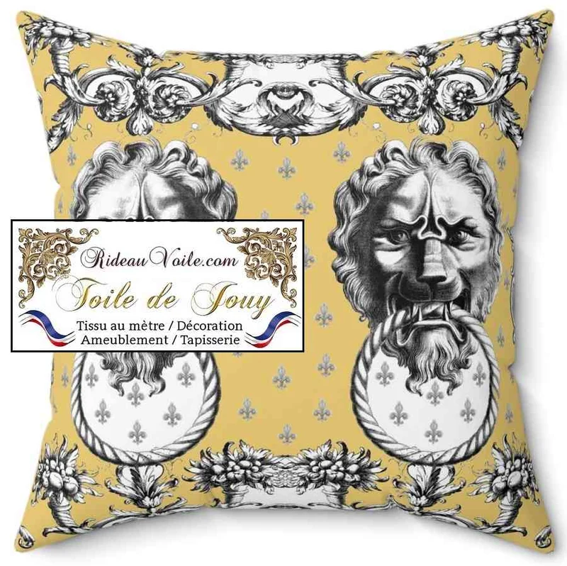 Tissu ameublement mètre Baroque design Toile de Jouy Lys & Lion noir jaune