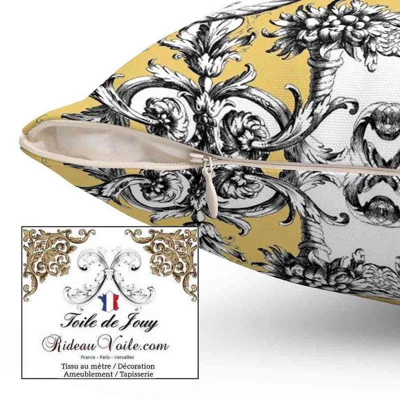 Tissu ameublement mètre Baroque design Toile de Jouy Lys & Lion noir jaune