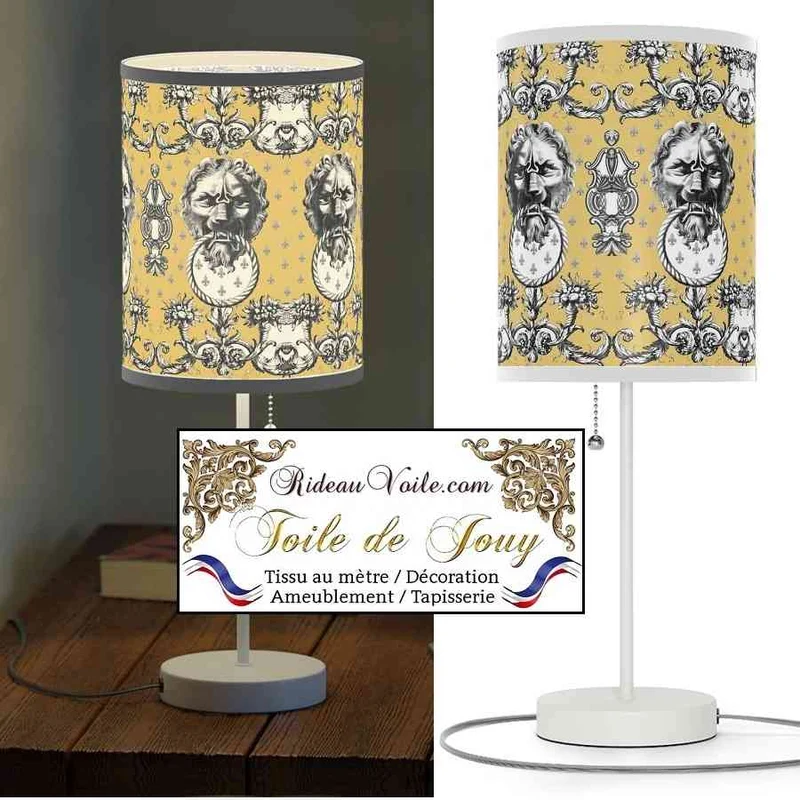 Tissu ameublement mètre Baroque design Toile de Jouy Lys & Lion noir jaune