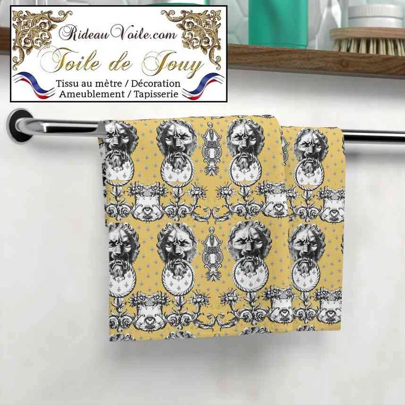 Tissu ameublement mètre Baroque design Toile de Jouy Lys & Lion noir jaune