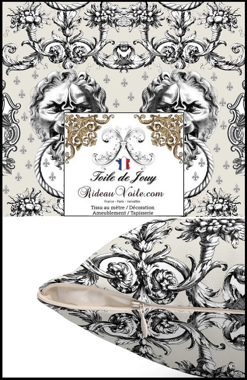 Tissu ameublement mètre Baroque design Toile de Jouy Lys & Lion noir écru