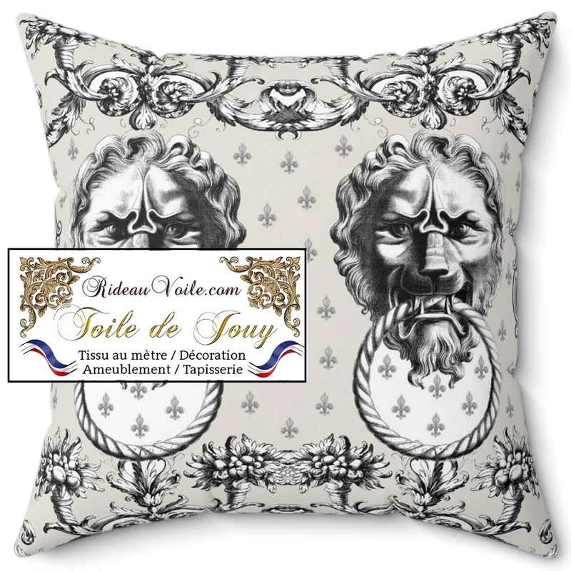 Tissu ameublement mètre Baroque design Toile de Jouy Lys & Lion noir écru
