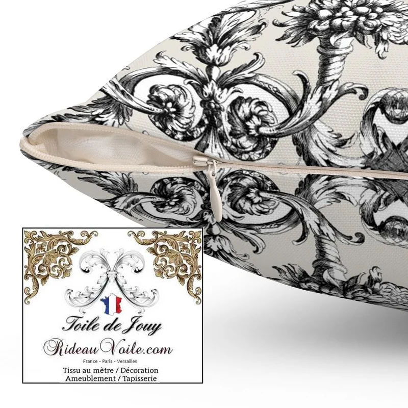 Tissu ameublement mètre Baroque design Toile de Jouy Lys & Lion noir écru