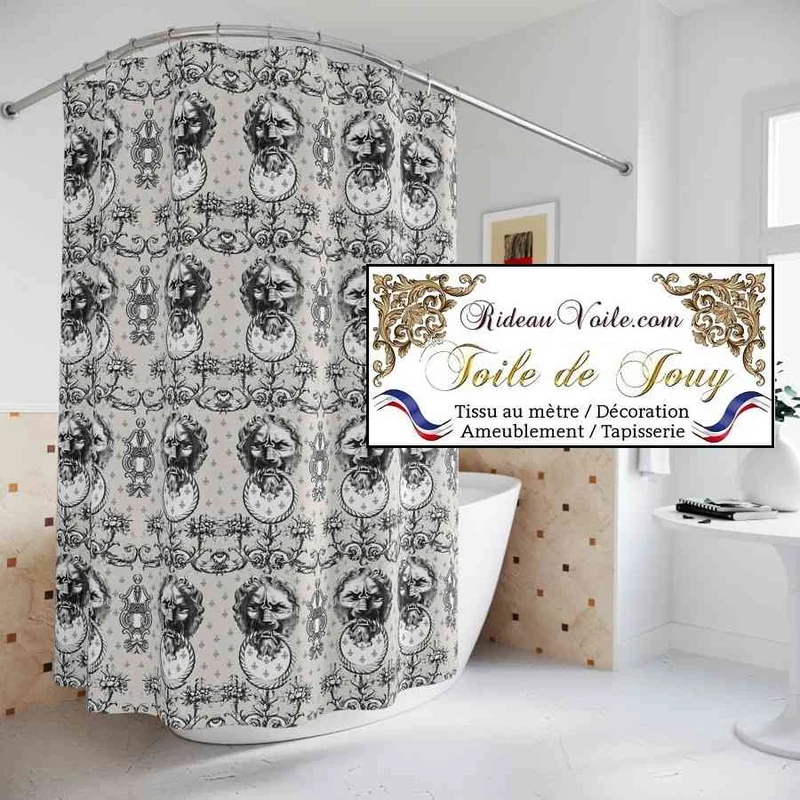 Tissu ameublement mètre Baroque design Toile de Jouy Lys & Lion noir écru