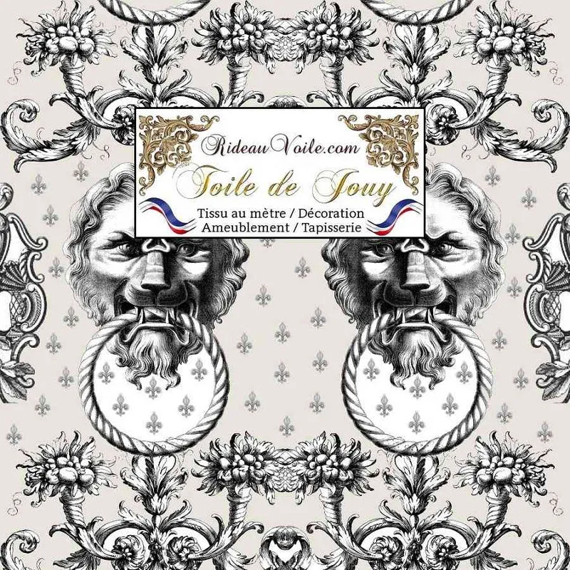 Tissu ameublement mètre Baroque design Toile de Jouy Lys & Lion noir écru