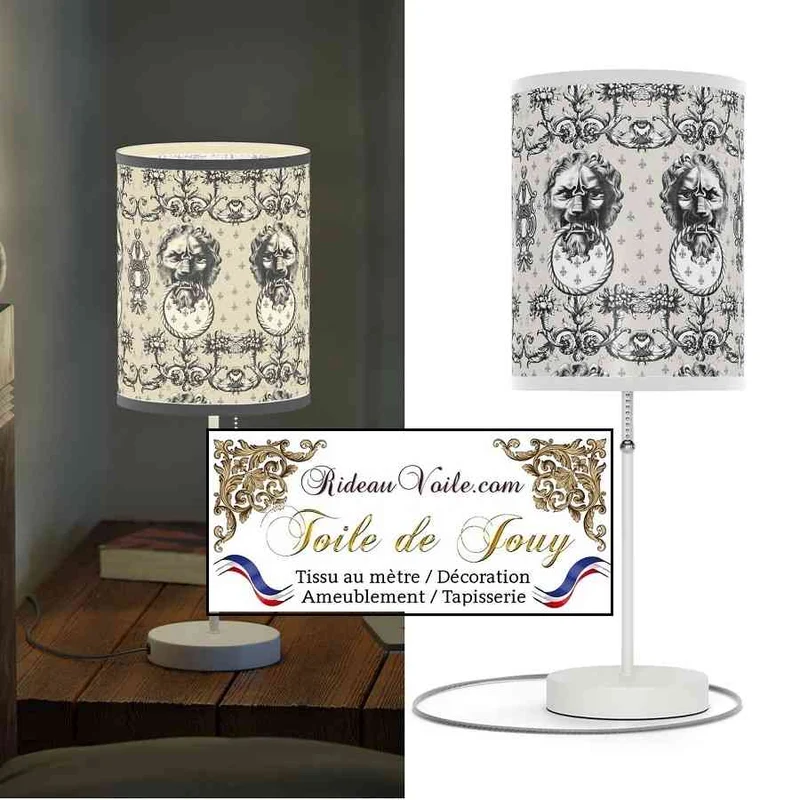 Tissu ameublement mètre Baroque design Toile de Jouy Lys & Lion noir écru