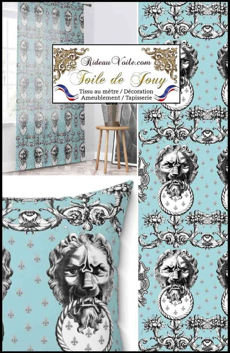 Tissu ameublement mètre Baroque imprimé Toile de Jouy Lys & Lion noir bleu