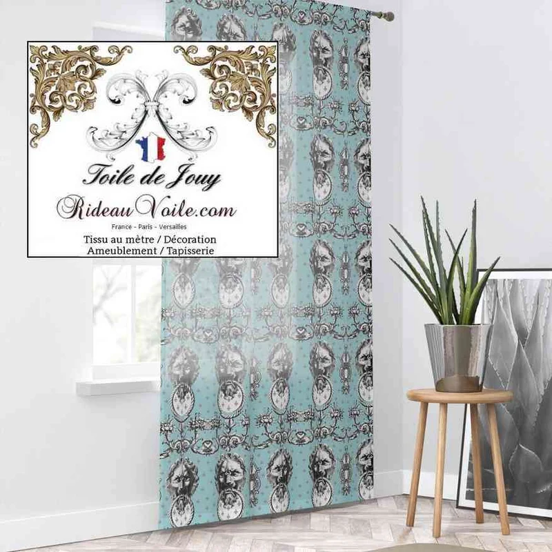 Tissu ameublement mètre Baroque imprimé Toile de Jouy Lys & Lion noir bleu