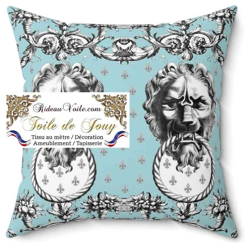 Tissu ameublement mètre Baroque imprimé Toile de Jouy Lys & Lion noir bleu