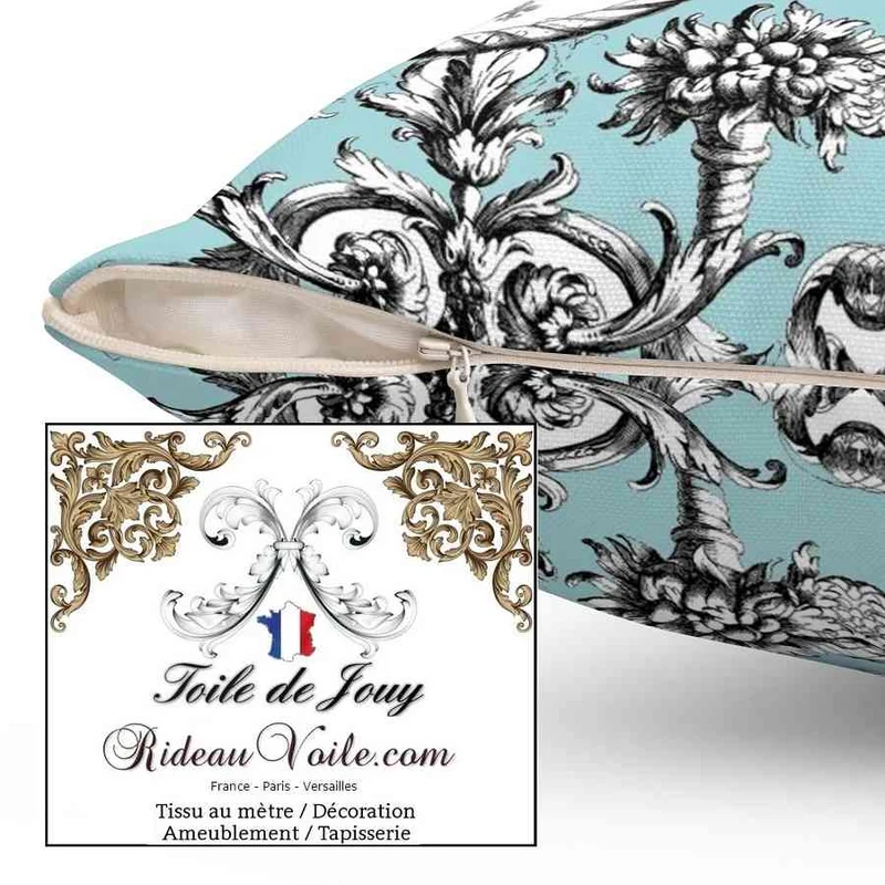 Tissu ameublement mètre Baroque imprimé Toile de Jouy Lys & Lion noir bleu