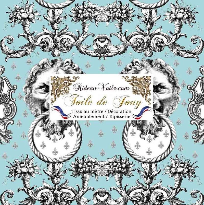 Tissu ameublement mètre Baroque imprimé Toile de Jouy Lys & Lion noir bleu