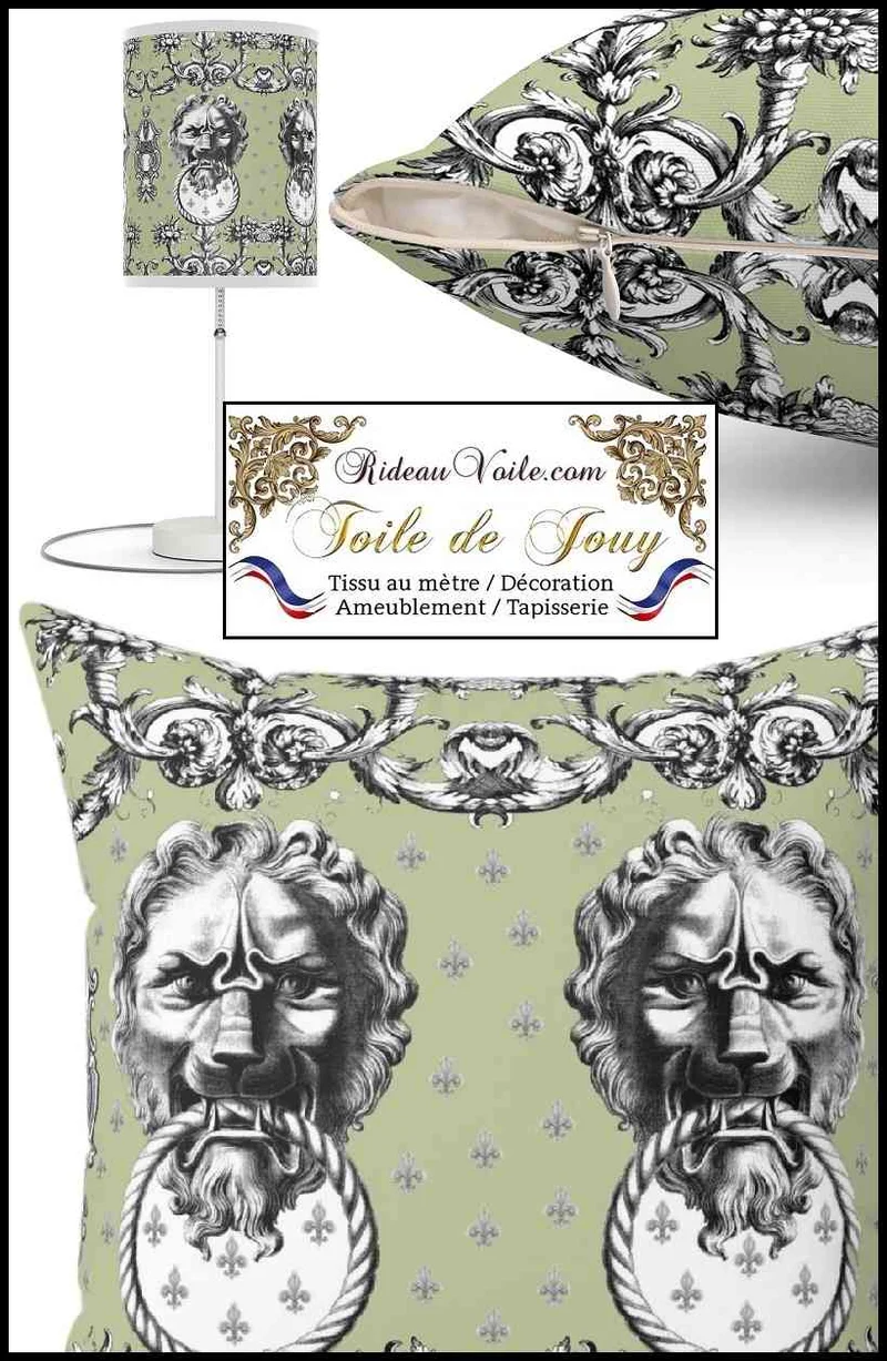 Tissu Baroque antique Toile de Jouy Lys & Lion vert noir ameublement mètre