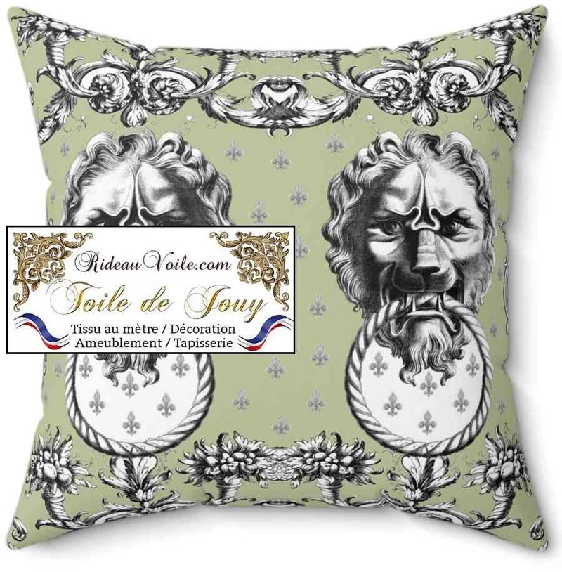 Tissu Baroque antique Toile de Jouy Lys & Lion vert noir ameublement mètre