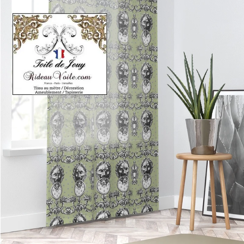 Tissu Baroque antique Toile de Jouy Lys & Lion vert noir ameublement mètre
