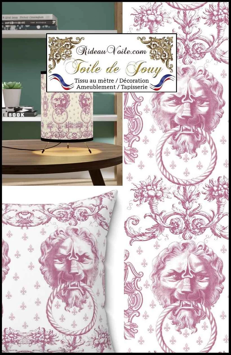Toile de Jouy Lys Lion rose ameublement Architecte intérieur imprimé mètre rideau