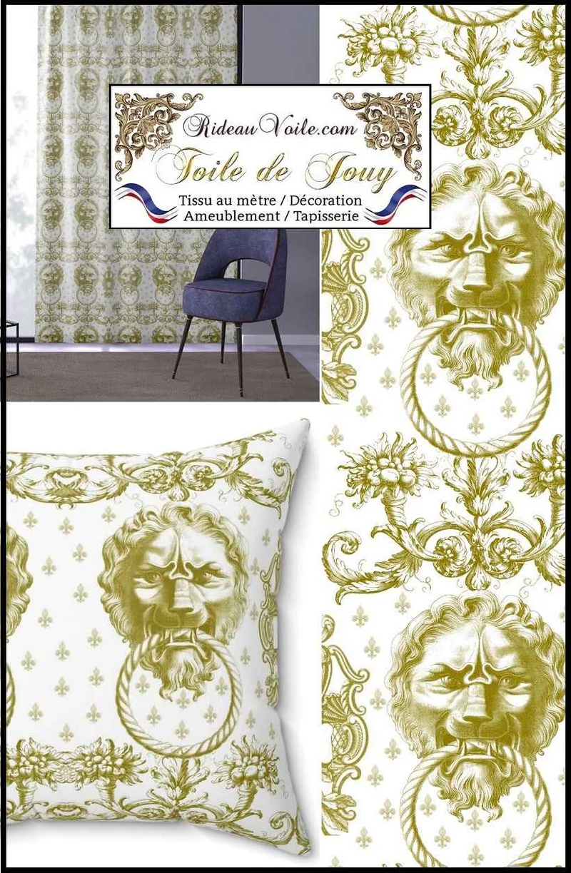 Toile de Jouy voilage vert tissu ignifuge architecte hôtel restaurant mètre rideau