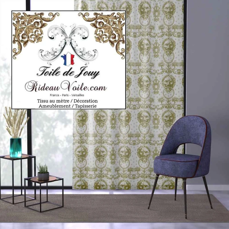 Toile de Jouy voilage vert tissu ignifuge architecte hôtel restaurant mètre rideau
