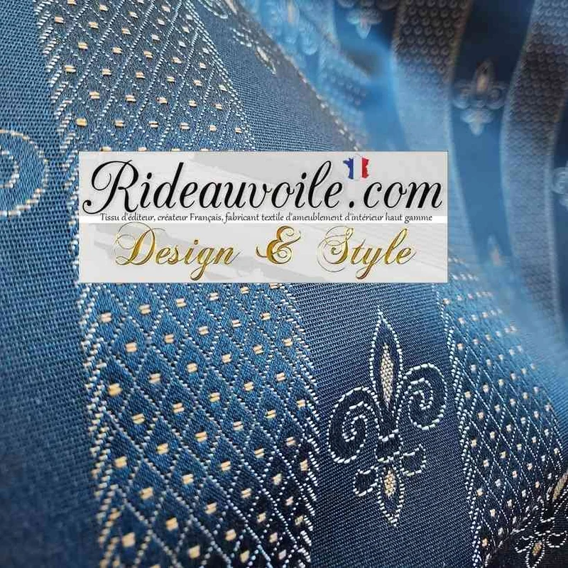 Tissu ameublement Fleur de Lys French home interior Jacquard bleu Or