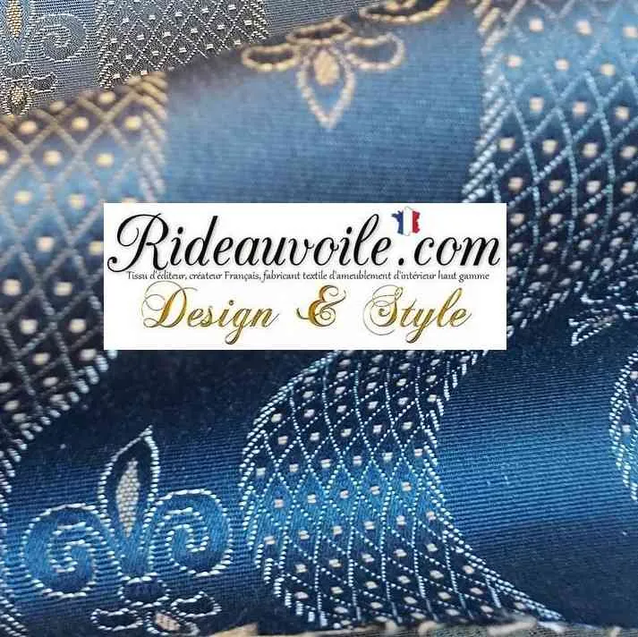 Tissu ameublement Fleur de Lys French home interior Jacquard bleu Or