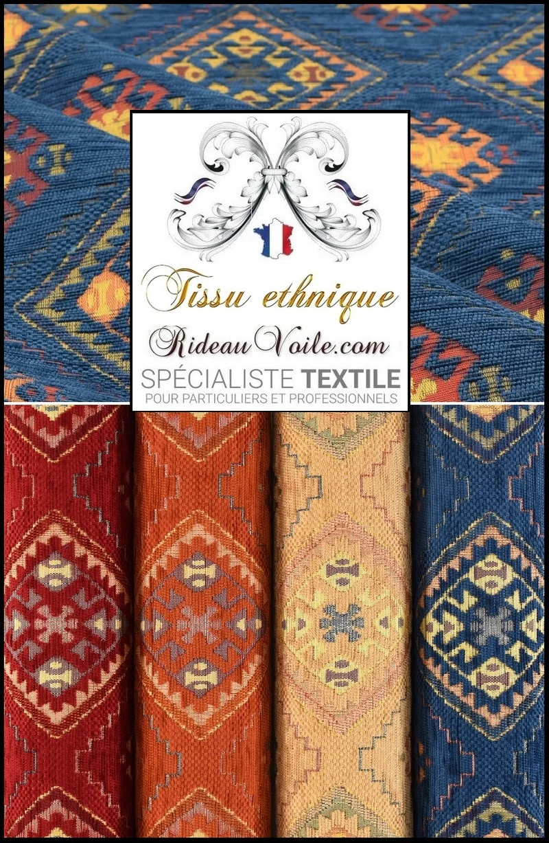 Tissu ameublement ethnique Kilim mexicain Boho Boho au mètre rideau bleu