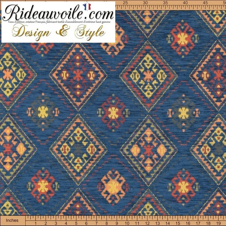 Tissu ameublement ethnique Kilim mexicain Boho Boho au mètre rideau bleu