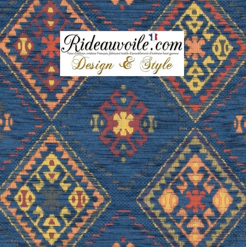 Tissu ameublement ethnique Kilim mexicain Boho Boho au mètre rideau bleu